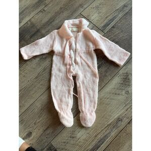 Vintage Baby Pink White Textured Knit Footie Pajamas Sleepwear Romper 0 3 Months
